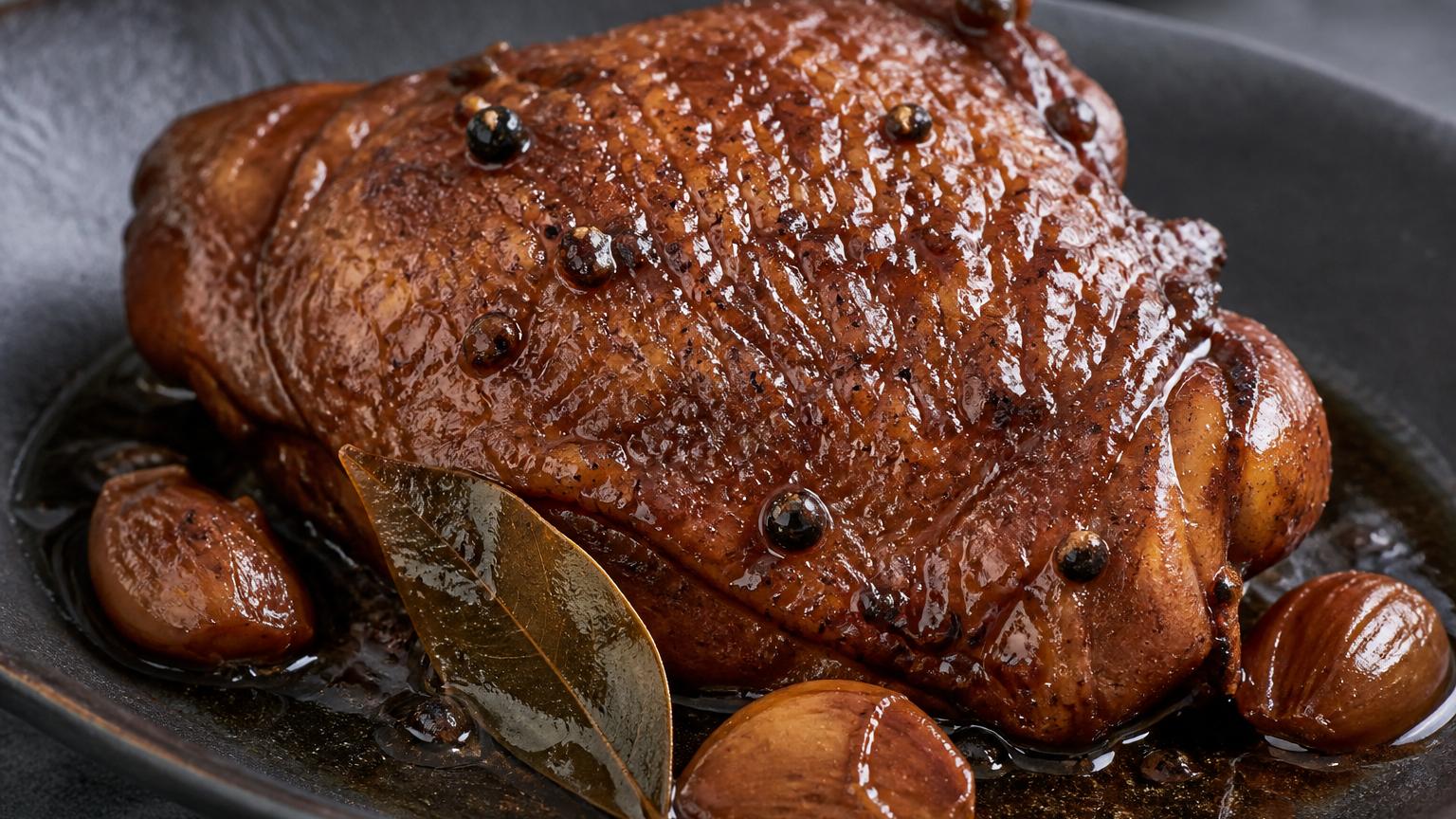 Nahaufnahme einer glänzenden Filipino Hähnchen-Adobo-Keule in dunkler Soja-Essig-Sauce mit Knoblauch und Pfefferkörnern