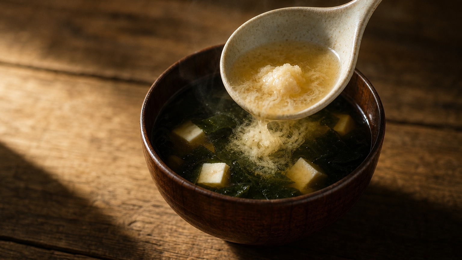Miso paste dissolving into a ladle of hot dashi broth above a bowl of miso soup with tofu and wakame