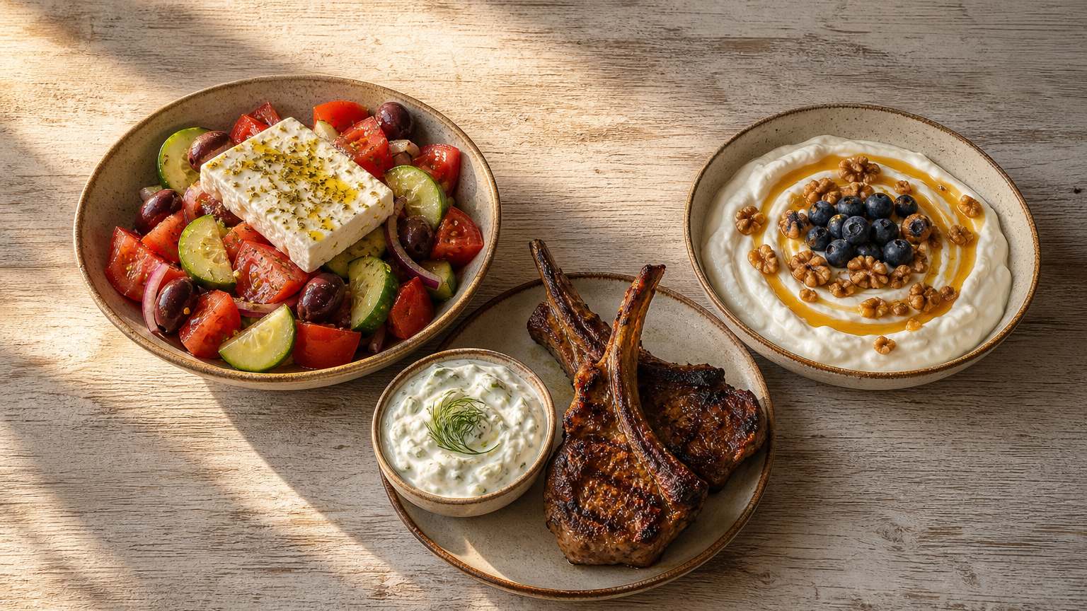 Greek Summer Dinner: Salad, Lamb Chops, and Yogurt Dessert
