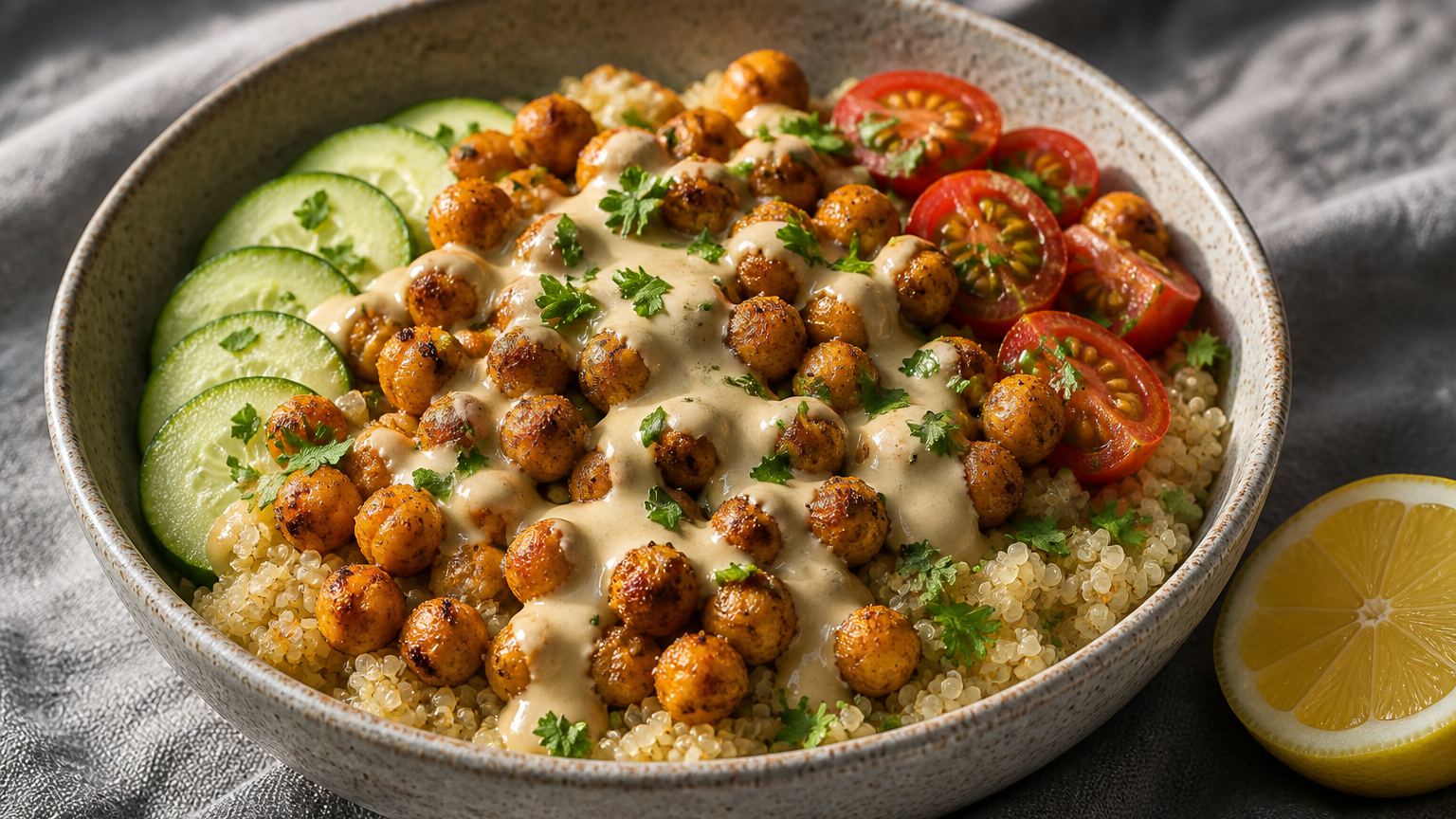 Gewürzte Kichererbsen auf Quinoa mit frischen Kräutern und Tahini-Dressing, ein vollständiges pflanzliches Protein-Abendessen